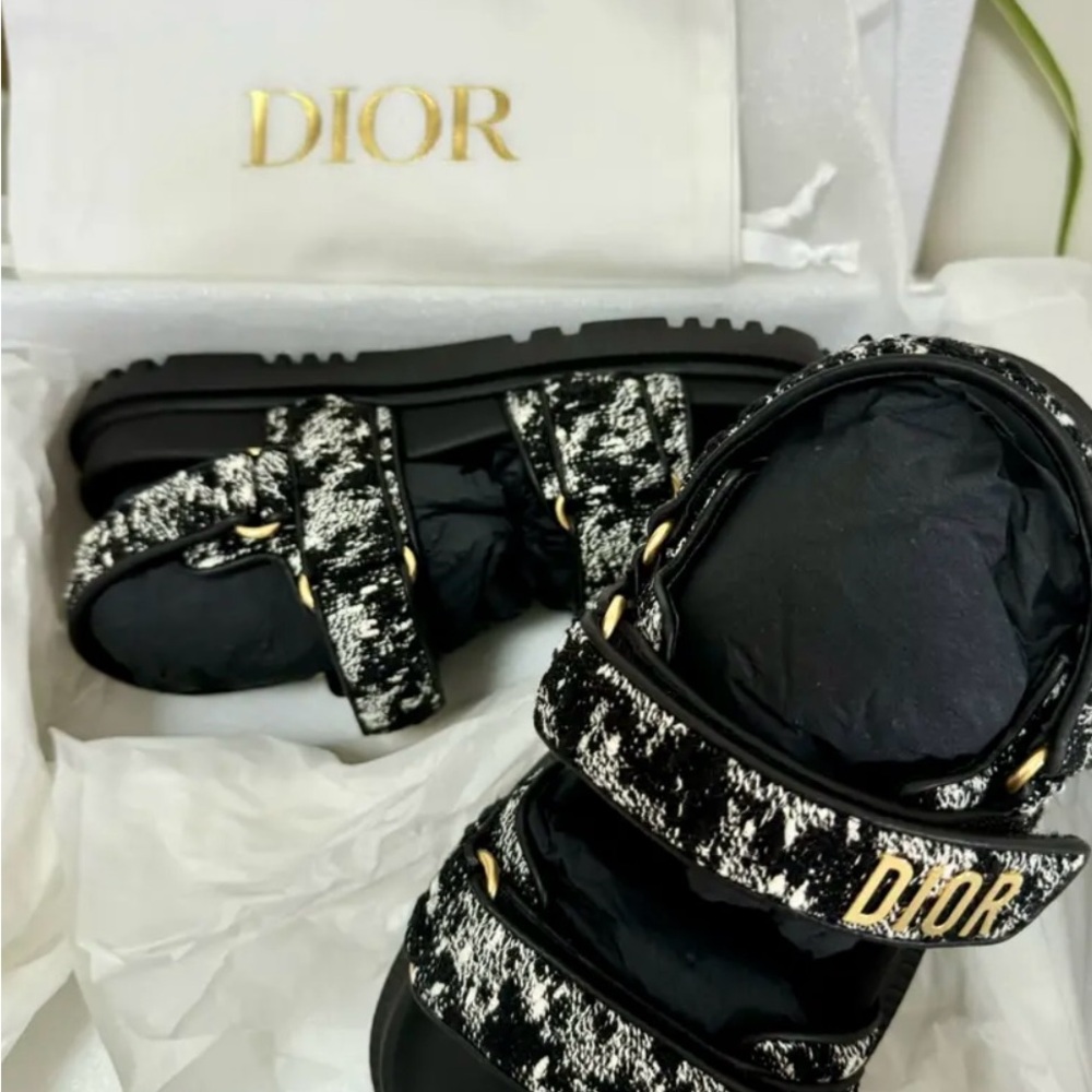 Dior Black and White Slide Sandals with Gold Buckle - Picture 2 of 3